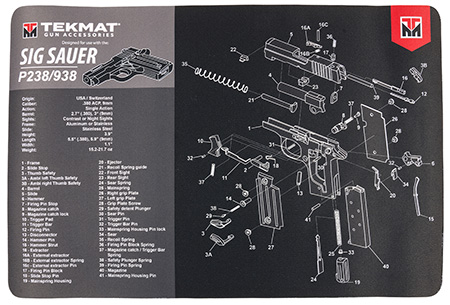 [612409971067] TekMat TEKR17SIGP238 Sig Sauer P238 Cleaning Mat Black/Gray Rubber 11"x17" Sig P238 Parts Diagram