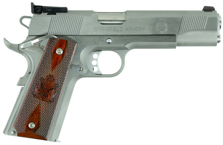 [706397913168] Springfield Armory PI9132LCA 1911 Loaded Target *CA Complaint 45 ACP 7+1, 5" Stainless Match Grade Stainless Barrel, Serrated Slide  &  Steel Frame w/Beavertail, Crossed Cannon Cocobolo Grip