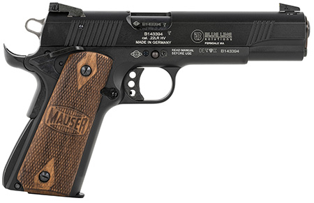 [689585855986] Mauser Rimfire 4110605 1911  22 LR 10+1 5" Black Steel Barrel, Black Aluminum Slide, Black Aluminum Frame w/Beavertail, Walnut Grip, Ambidextrous