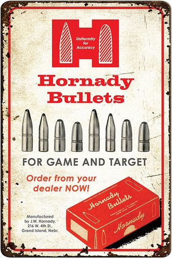 [090255991451] Hornady 99145 Bullets Tin Sign Rustic Red White Aluminum 12" x 18"