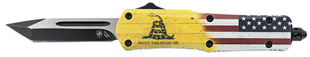 [093674810112] Templar Knife S-DTOM-23-1 Gen II Don't Tread On Me Small 2.69" OTF Plain Black Oxide 440C SS Blade, 4.25" Yellow w/Flag  &  "Don't Tread On Me" Aluminum Handle, Glass Breaker
