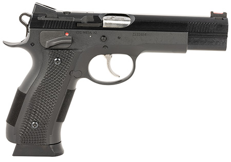 [806703917320] CZ-USA 91732 A01-SD  9mm Luger 19+1 4.93" Blued Match Grade Bull Barrel, Blued Optic Ready/Serrated Steel Slide, Blued Steel Frame w/Beavertail, Black Checkered Polymer Grip