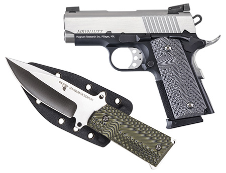 [761226090298] Kahr Arms DE1911UTTK Desert Eagle 1911 U w/1911 Knife 45 ACP 6+1 3" Stainless Serrated Slide, Two-Tone w/Black Finish Aluminum Frame w/Beavertail, Black/Gray G10 Grips