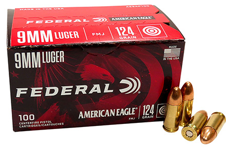 [604544689341] Federal AE9AP100 American Eagle Handgun 9mmLuger 124gr Full Metal Jacket 100 Per Box/5 Case