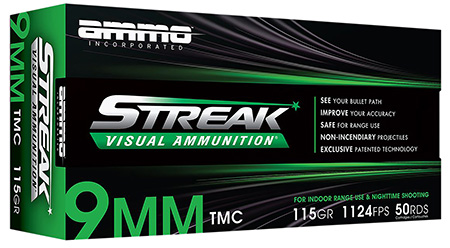 [818778023493] Ammo Inc 9115TMCSTRKGRN50 Streak Visual (GREEN)  9mm Luger 115gr Total Metal Case 50 Per Box/20 Case