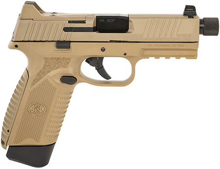 [845737015688] FN 66101384 545 Tactical 45 ACP 15+1/18+1, 4.71" Black Target Crown/Threaded Steel Barrel, Flat Dark Earth PVD Optic Cut/Serrated Steel Slide  &  Polymer Frame w/Picatinny Rail, Ambidextrous