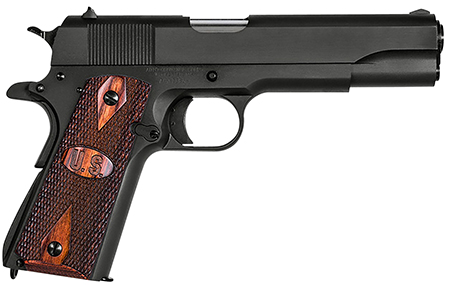 [602686251136] Auto-Ordnance 1911BKOW 1911 A1 GI Spec 45 ACP 7+1, 5" Stainless Steel Barrel, Matte Black Serrated Carbon Steel Slide  &  Frame w/Beavertail, Checkered Wood w/Integrated US Logo Grip