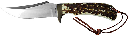 [661120075875] Uncle Henry old 1100035 Next Gen Staglon  4.25" Skinner Plain Satin Stainless Steel Blade 4.25" Staglon Handle Features Brass Finger Guard Includes Sheath