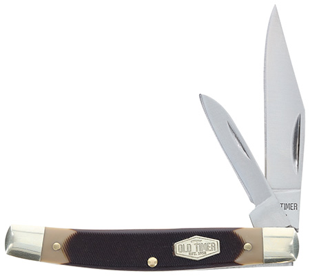 [661120652977] Old Timer 1179231 Middleman Jack 2.50" 1.70" Folding Clip/Sheepsfoot Plain Stainless Steel Blade Black/Tan Sawcut Bone Handle
