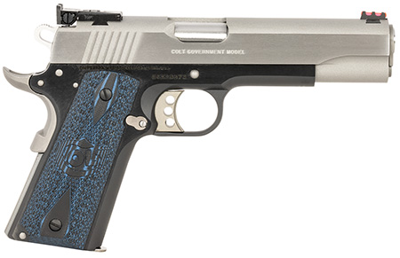 [098289113078] Colt Mfg O5970GCLTT Gold Cup Lite 45 ACP 8+1 5" Stainless National Match Barrel, Brushed Stainless Serrated Slide, Black/Stainless Stainless Steel Frame w/Beavertail, Blue Scalloped Checkered G10 Grip