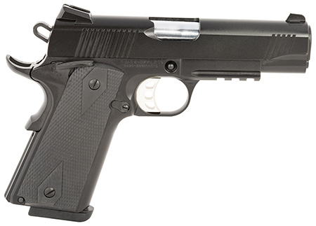 [723551443910] Tisas 10100122 1911 Carry 9mm Luger 9+1 4.25" Black Barrel, Black Cerakote Serrated Steel Slide, Black Cerakote Steel Frame w/Accessory Rail  &  Beavertail, Ambidextrous