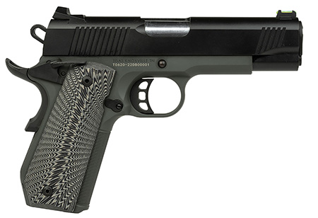 [723551441343] Tisas 10100802 1911 Yukon Full Size 10mm Auto 10+1 4.25" Stainless Steel Barrel, Black Cerakote Serrated Slide, Dark Gray Cerakote Steel Frame w/LPI Checkering  &  Beavertail, Black Sunburst G10 Grips