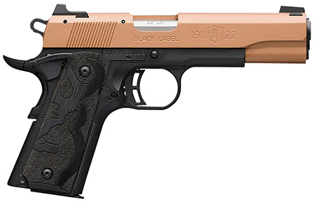 [023614857600] Browning 051895490 1911-22 Black Label Full Size Frame 22 LR 10+1, 4.25" Matte Stainless Steel Barrel, Copper Cerakote Serrated Slide, Matte Black Polymer Frame w/Beavertail, Black Laminate Wood Grip
