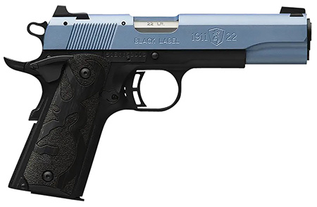 [023614857624] Browning 051897490 1911 Black Label Full Size Frame 22 LR 10+1, 4.25" Matte Stainless Steel Barrel, Polar Blue Cerakote Serrated Slide, Matte Black Polymer Frame w/Beavertail, Black Laminate Wood Grip