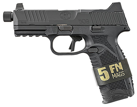 [845737016807] FN 66101650 509T Bundle Full Size Frame 9mm Luger 10+1 4.50" Black Steel Threaded Barrel, Black Optic Ready/Serrated Stainless Steel Slide, Black Polymer Frame w/Picatinny Rail 5 Magazines/Case