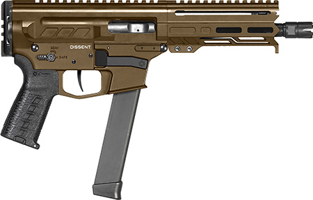 [810103470156] CMMG 99A68A2MB Dissent MKGS 9mm Luger 33+1 6.50", Midnight Bronze Rec, Picatinny Brace Adapter, 5.50" M-LOK Handguard, Left Side Charging Handle, Zeroed Linear Comp, TriggerTech Trigger