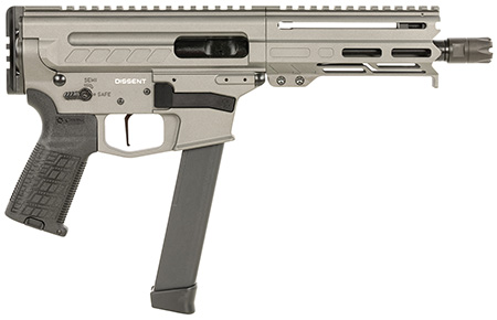[810103470187] CMMG 99A68A2TNG Dissent MKGS 9mm Luger 33+1 6.50", Tungsten Gray Rec, Picatinny Brace Adapter, 5.50" M-LOK Handguard, Left Side Charging Handle, Zeroed Linear Comp, TriggerTech Trigger