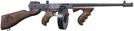 [602686422635] Thompson T1-14-50DC2 1927A-1 Deluxe 45 ACP 16.50" 20+1 (Stick), 50+1 (Drum), Trump Save America Engraved, Sniper Gray/Black Finish, American Walnut Furniture, Compensator