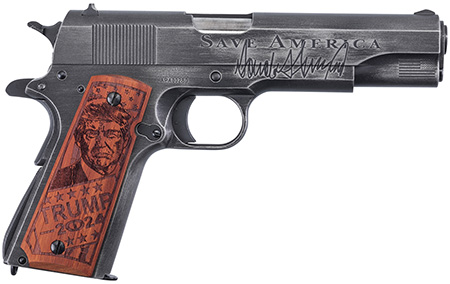 [602686422802] Auto-Ordnance 1911BKOC12 1911 Trump Save America 45 ACP  5" Barrel 7+1, Distressed Armor Black Cerakote, Carbon Steel Beavertail Frame, Serrated Engraved Slide, Custom Engraved Goncalo Wood Grip