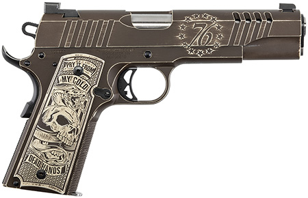 [602686422826] Auto-Ordnance 1911TCAC15 1911 A1 Cold Dead hands 45 ACP 7+1 5" Black/Burnt Bronze Distressed Cerakote, Ported Slide, Custom Engraved Aluminum Grips, TruGlo Night Sights