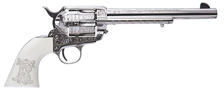 [814230100986] Cimarron PP415LNTRII Teddy Roosevelt Frontier 45 Colt (LC) 6 Shot 7.50" Nickel-Plated Engraved Barrel, Cylinder  &  Frame, White w/Laser Engraved "T.R." Grip
