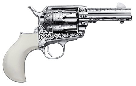[844234239696] Cimarron PP346HUCKENG Huckleberry  45 Colt (LC) 6 Shot, 3.50" Nickel Engraved Barrel, Cylinder  &  Frame, Poly-Ivory w/"Huckleberry" Engraved On The Backstrap Grip