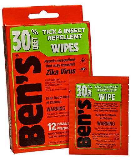 [044224070852] Ben's 00067085 30  Odorless Scent Wipes Repels Ticks  &  Biting Insects 12