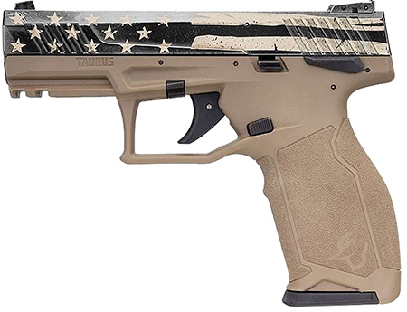 [725327940494] Taurus 1TX2214110USD TX22  Full Size Frame 22 LR 10+1 4.10" Black Steel Threaded Barrel, Black Distressed US Flag Cerakote Serrated Slide, FDE w/Black Controls Polymer Frame w/Picatinny Rail