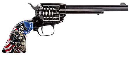 [727962708873] Heritage Mfg RR22B6ECSS Rough Rider Independence Day 22 LR 6 Shot 6.50" Black Oxide Barrel  &  Frame, Black Oxide w/Engraved US Flag Cylinder, Custom Designed US Flag w/Soldier Grips