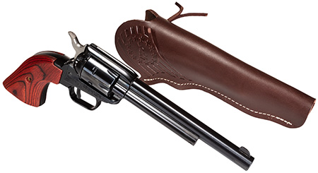 [727962708903] Heritage Mfg RR22B6LHOL Rough Rider  22 LR 6 Shot 6.50" Black Oxide Barrel, Frame  &  Cylinder, Cocobolo Grips Features Hunter Debossed Leather Holster