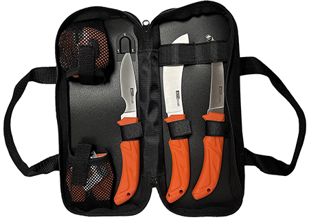 [015896007385] AccuSharp 738C Processing Kit  Fixed Butcher/Caping/Gutting Plain Stainless Steel Blades/Blaze Orange Non-Slip Grip 6 Piece Includes Nylon Case