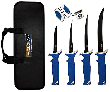 [015896007378] AccuSharp 737C Knife Kit  4.75/5.50/6.50/8" Fixed Fillet Plain Satin Stainless Steel Blade/ Blue Non-Slip Grip TPR Handle Includes 2-Step Sharpener