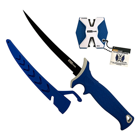 [015896007361] AccuSharp 736C Fillet w/Sharpener  6.50" Fixed Fillet Plain Satin Titanium Coated Stainless Steel Blade/Royal Blue Ergonomic Anti-Slip Rubber Handle Includes 2-Step Sharpener