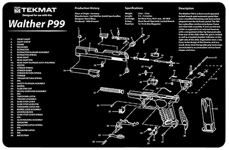 [612409971173] TekMat TEKR17WALP99 Walther P99 Cleaning Mat Black/White Rubber 11"x17" Walther P99 Parts Diagram