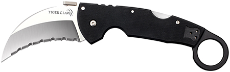 [705442013235] Cold Steel CS22KFS Tiger Claw  3.50" Folding Hawkbill Serrated Stonewashed American S35VN Blade/6" Matte Black w/Ring G10 Handle Includes Belt Clip