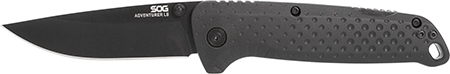 [729857015721] S.O.G SOG13110143 Adventure LB 3.50" Folding Drop Point Plain Black TiNi 5Cr15MoV Blade, Black Textured GRN Handle