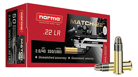 [4000294250767] Norma Ammunition 2425076 Dedicated Precision Match 22LR 40gr Lead Round Nose 50 Per Box/100 Case