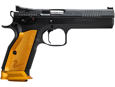 [806703912660] CZ-USA 91266 TS 2  9mm Luger 20+1 5.28" Stainless Bull Barrel, Black Serrated Steel Slide, Black Polycoat Steel Frame w/Beavertail, Orange Checkered Aluminum Grip