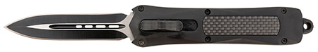 [766646408708] Steel River Knives A163BD Spartan  3.50" OTF Dagger Plain Black/Silver 440C SS Blade/ Black w/Carbon Fiber Inlay Aluminum Zinc Alloy Handle