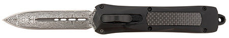 [766646408722] Steel River Knives A163BDD Spartan  3.50" OTF Dagger Plain Damascus 440C SS Blade/Black w/Carbon Fiber Inlay Aluminum Zinc Alloy Handle