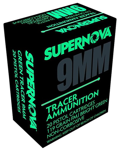 [860010179789] Supernova PMSN9MMG Green Tracer Non Corrosive 9mm Luger 119 Gr Full Metal Jacket 20 Per Box/ 50 Cs