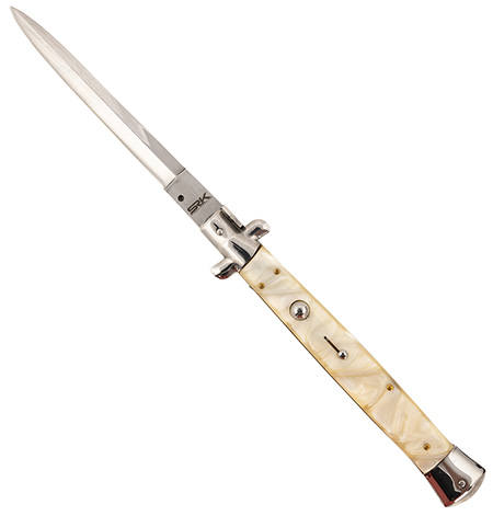 [766646410701] Steel River Knives CIMOPD Spartan  6" Italian Dagger Polished Blade 7" Mother of Pearl Synthetic Handle Side Open