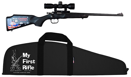 [611613122401] Crickett KSA2240BSC Youth Package 22 LR 1rd 16.12" Blued Barrel  &  Receiver, Black Synthetic Stock w/11.5" LOP, Rebounding Firing Pin Safety Includes 4x32 Scope, KSA301 Scope Mount Kit  &  Soft Rifle Cas
