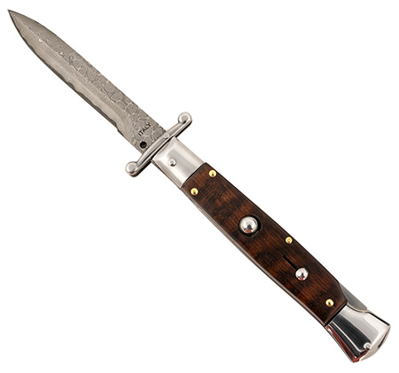 [766646410480] Steel River Knives SGSWRDAM Spartan  3.9" Italian Bayonet Damascus 5.1" Snakewood Buffalo Horn Handle Side Open