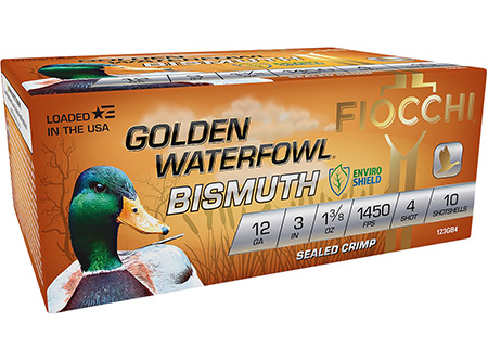 [762344712949] Fiocchi 123GB4 Golden Waterfowl Bismuth 12Gauge 3" 1 3/8oz 4Shot 10 Per Box/10 Case