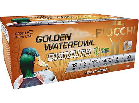 [762344712956] Fiocchi 123GB6 Golden Waterfowl Bismuth 12Gauge 3" 1 3/8oz 6Shot 10 Per Box/10 Case