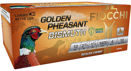 [762344712963] Fiocchi 12GPB4 Golden Pheasant Bismuth 12Gauge 2.75" 1 1/4oz 4Shot 10 Per Box/10 Case