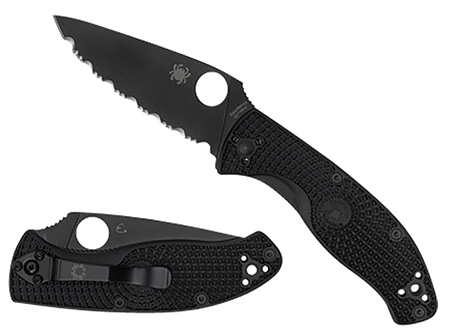 [716104013906] Spyderco C122PSBBK Tenacious Lightweight 3.39" Folding Part Serrated Black Oxide 8Cr13MoV SS Blade/Black Bi-Directional Texturing FRN Handle Includes Pocket Clip