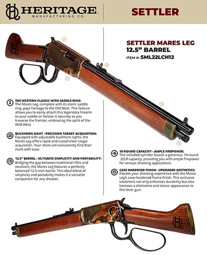 [727962708446] Heritage Mfg SML22LCH12 Settler Mare's Leg 22 LR 10+1 12" Black Oxide Barrel, Color Case Hardened Rec, Light Stained Walnut Furniture, Buckhorn Sights