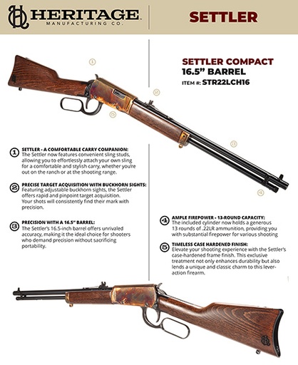 [727962709108] Heritage Mfg STR22LCH16 Settler Compact 22 LR 13+1 16.50" Black Oxide Barrel, Color Case Hardened Rec, Light Stained Walnut Furniture, Buckhorn Sights